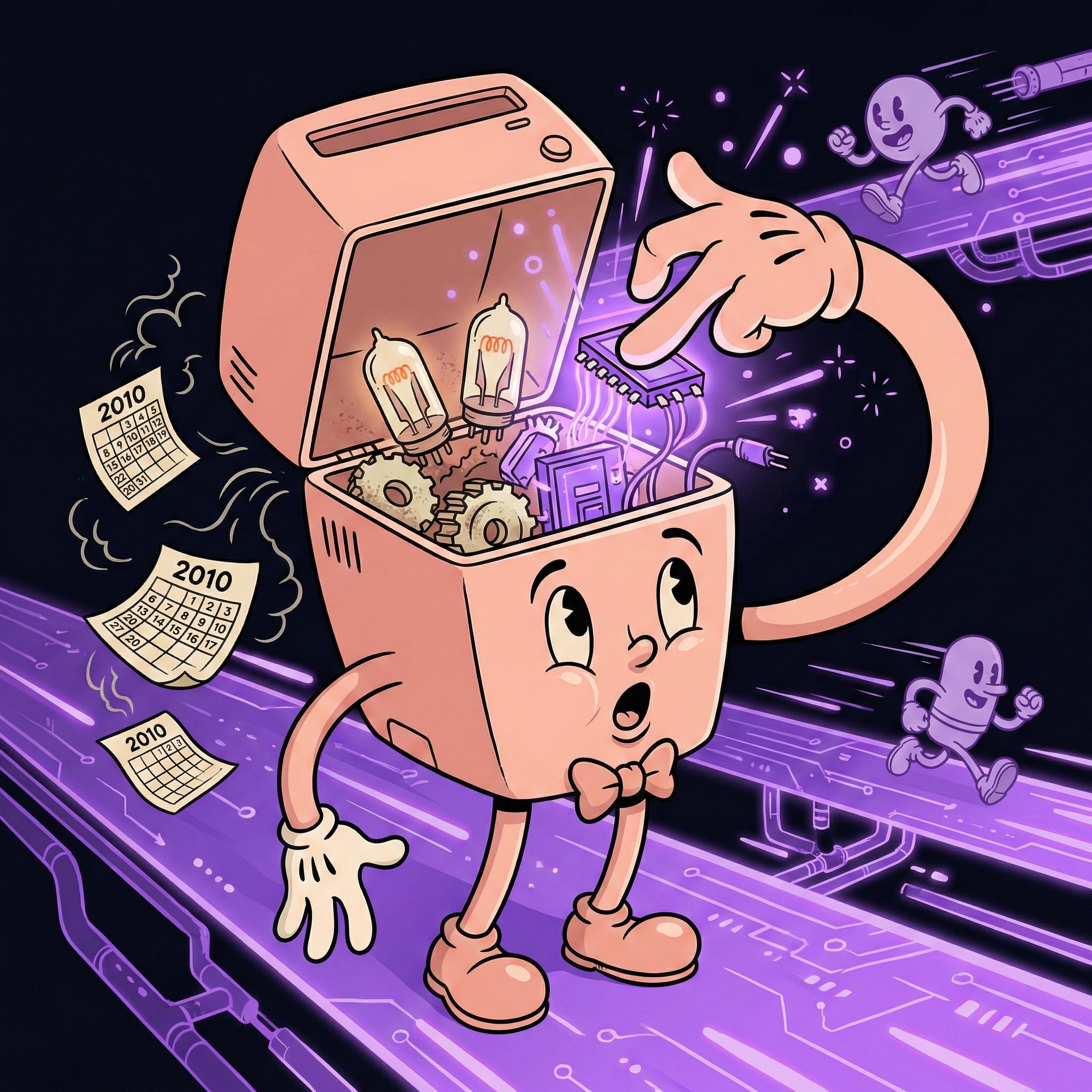 Rubber hose style illustration of a character with their head opened like a computer, showing old dusty components being upgraded with glowing violet new parts. Calendar pages marked 2010 float away while a digital highway with speeding figures glows in the background.