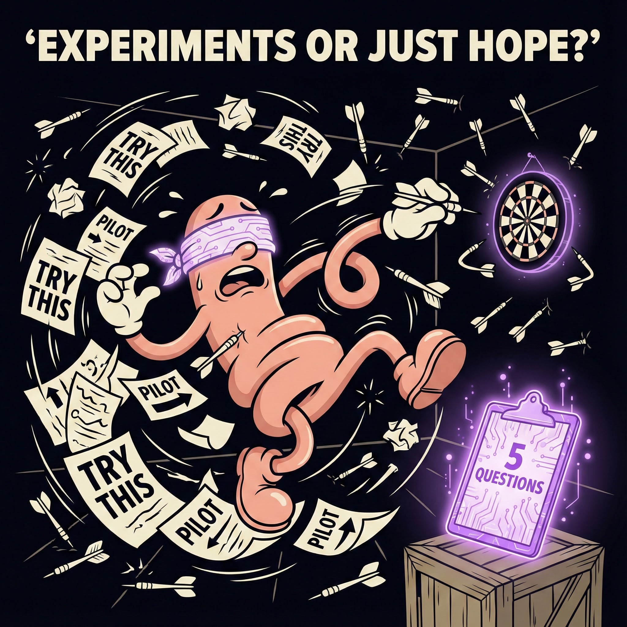 Rubber hose animation style illustration showing a blindfolded character frantically throwing darts in every direction, missing a dartboard entirely, while papers labeled TRY THIS swirl chaotically around them. A glowing violet clipboard labeled 5 QUESTIONS sits ignored in the corner. Text reads EXPERIMENTS OR JUST HOPE? The image captures the contrast between random trying and structured experimentation.