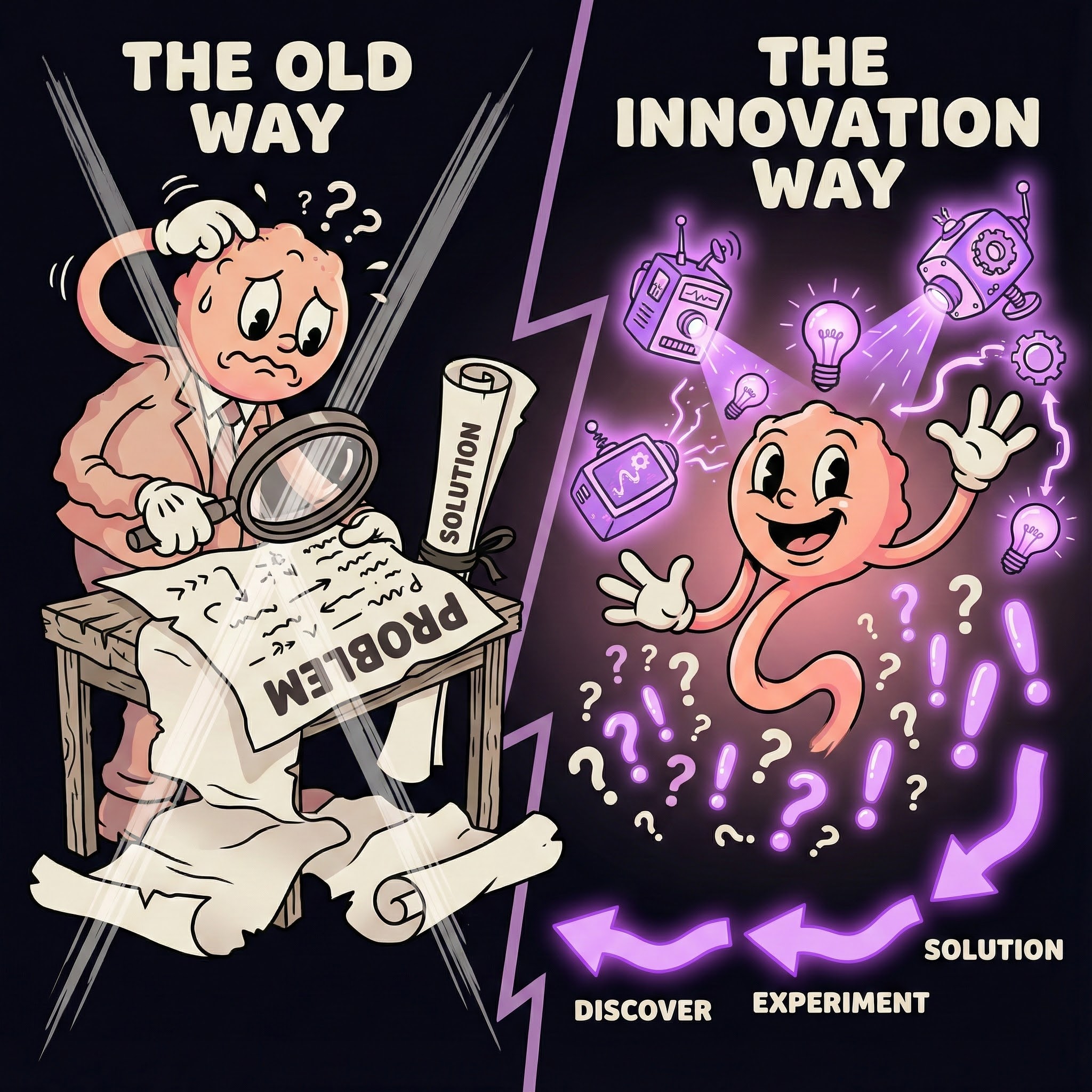 Split illustration showing The Old Way versus The Innovation Way - a confused character studying a Problem document on the left, versus a cheerful character experimenting with AI tools on the right, with arrows showing Solution to Experiment to Discover flow backwards