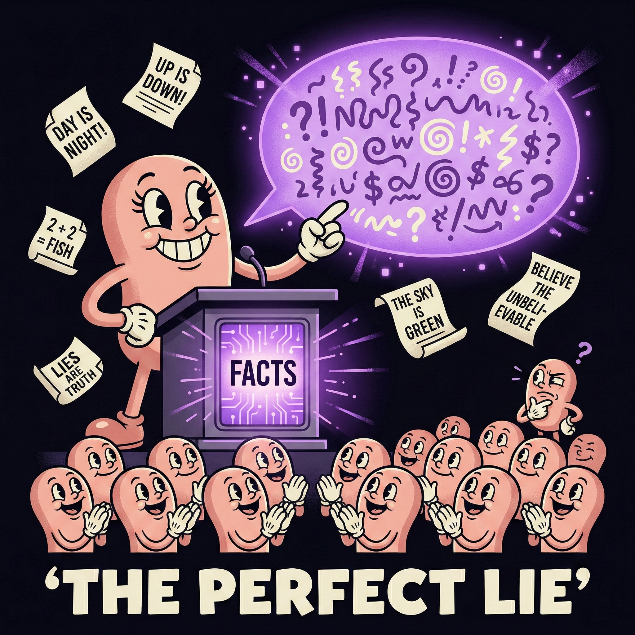 A rubber hose animation character confidently presenting nonsensical text from a glowing violet podium labeled FACTS while an approving audience nods along, illustrating how AI hallucinations are packaged as reliable output through confident presentation.