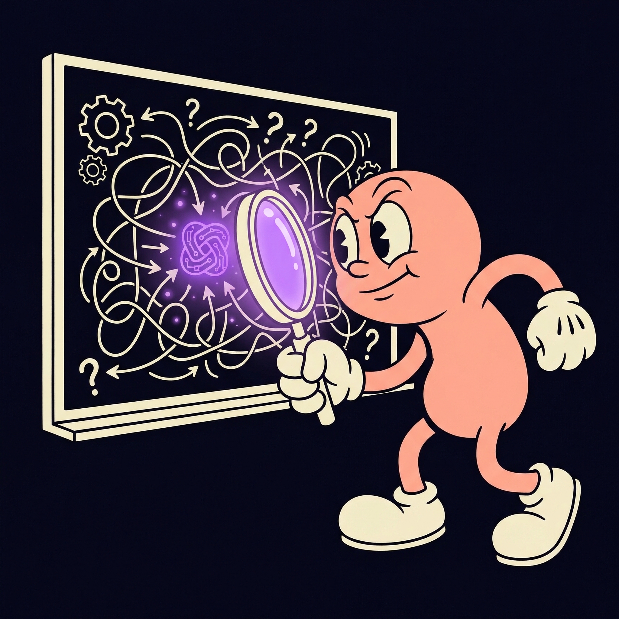 A rubber hose animation character examining a cluttered whiteboard through a glowing violet magnifying glass, revealing one clear bottleneck among tangled processes, representing the Three-Question Diagnostic for finding the constraint that caps growth.