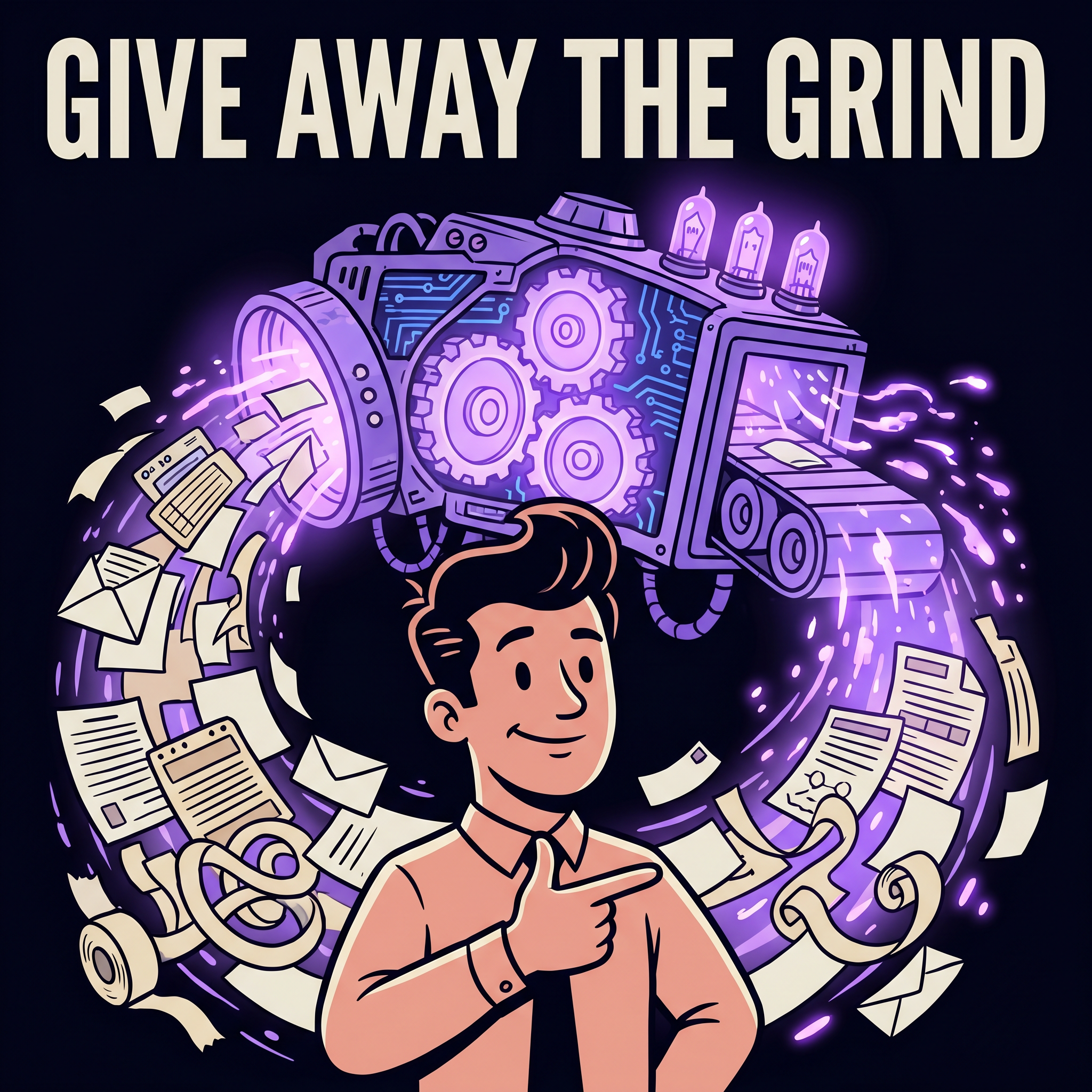 A 1930s rubber hose cartoon office worker stands calmly pointing at a single choice while a glowing violet machine of gears and circuits sweeps a swirling cloud of cream-colored paperwork and envelopes away behind him, over a deep black background.