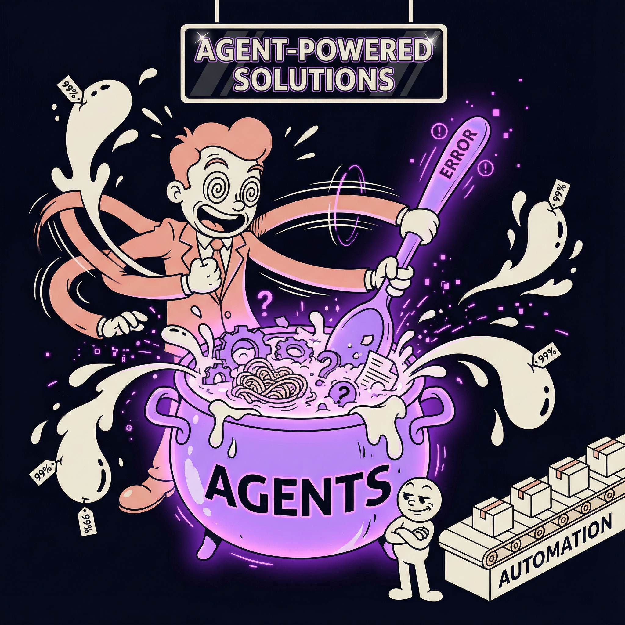 A manic character stirring a chaos cauldron labeled AGENTS, splashing 99% wrong outputs, with a calm automation conveyor belt in the corner - illustrating the agent trap and AI adoption confusion