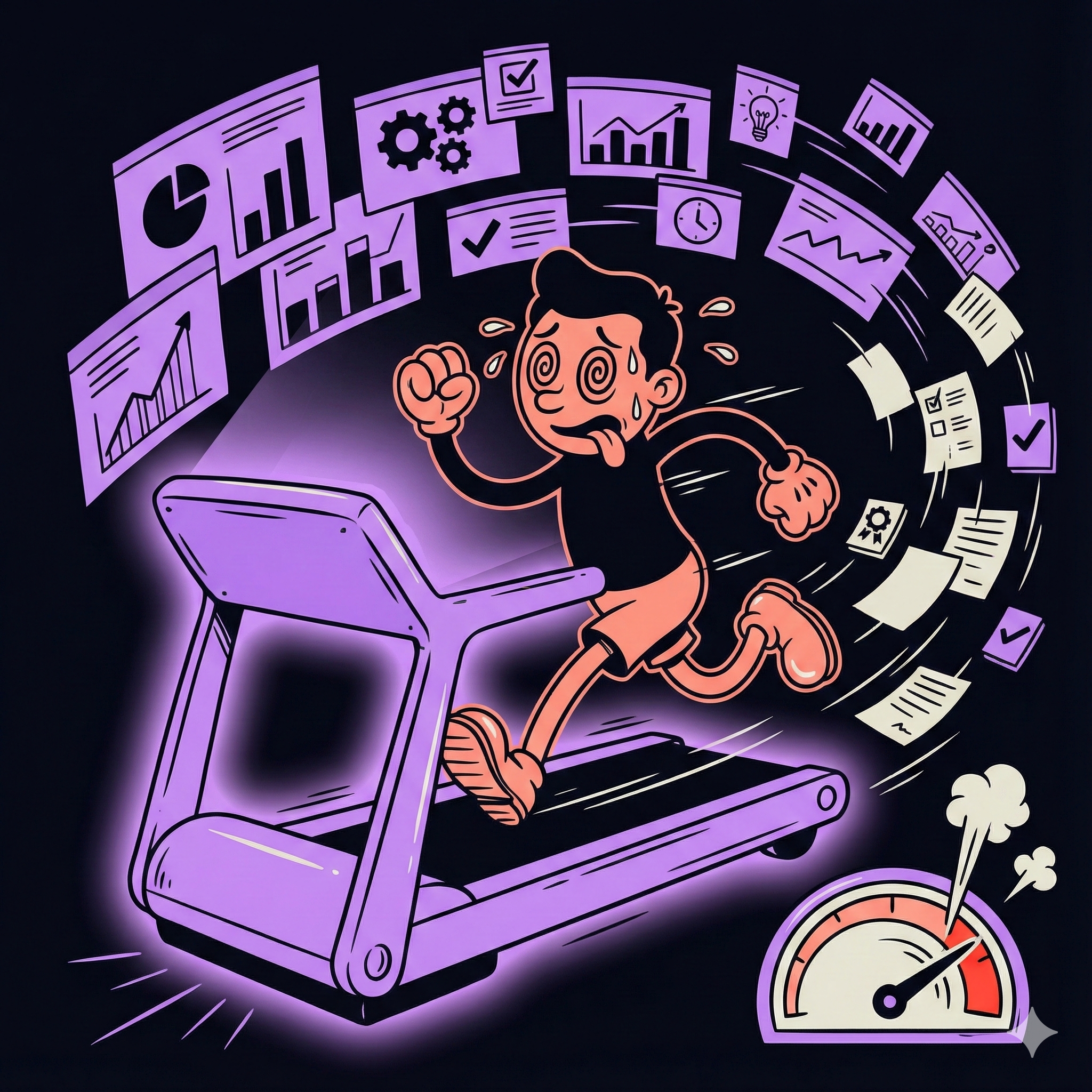 A stressed worker running on a treadmill surrounded by swirling productivity dashboards and charts, with a gauge in the red zone - illustrating the AI productivity paradox and burnout