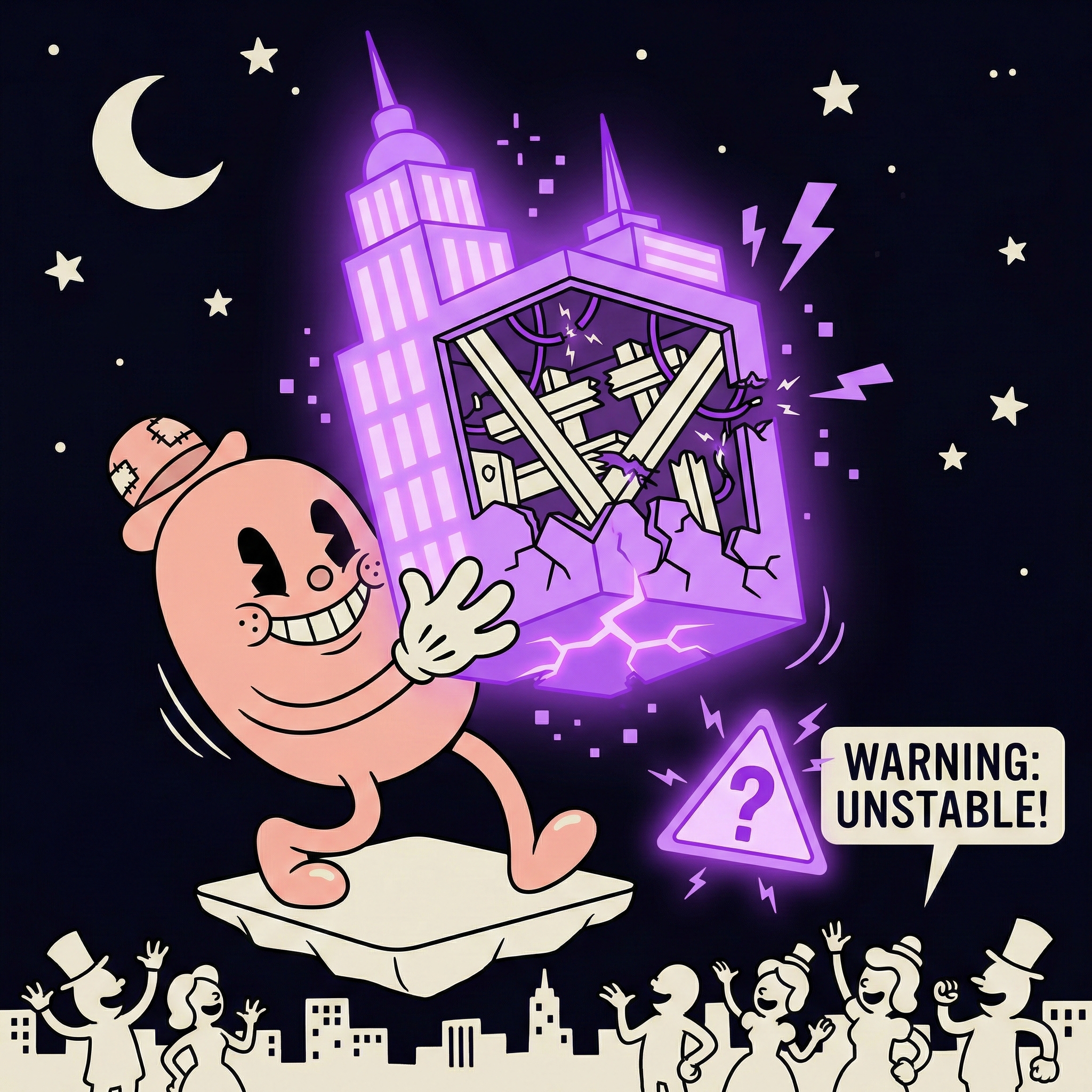 A rubber hose animation illustration showing a cheerful character standing on a high platform, proudly holding up a glowing violet building they constructed. Through a cutaway view, the building's interior reveals missing support beams, exposed wiring, and cracks radiating violet light. Below, tiny figures look up in admiration while a glowing warning sign floats nearby, ignored. Representing the paradox of non-technical builders creating impressive software without understanding the structural risks beneath the surface.