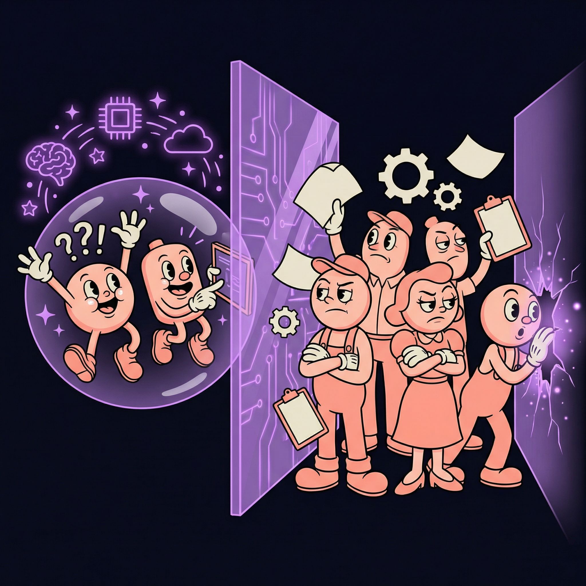 A split-screen rubber hose animation showing two excited characters in a glowing violet bubble on one side, and a larger group of skeptical characters going about their work on the other, separated by a cracking glass wall, representing the echo chamber gap in AI adoption between enthusiastic leaders and pragmatic frontline workers.