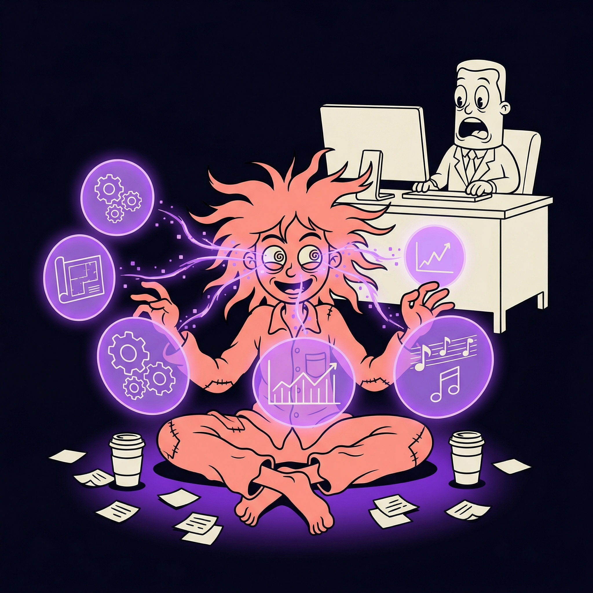 A rubber hose animation showing a wild-haired character gleefully orchestrating six glowing violet screens while sitting cross-legged on the floor, surrounded by scattered notes and coffee cups, while behind them a stiff suited character at a neat desk stares in disbelief at their single screen, representing the misfit advantage of neurodivergent and Gen Z minds thriving in AI-augmented work.