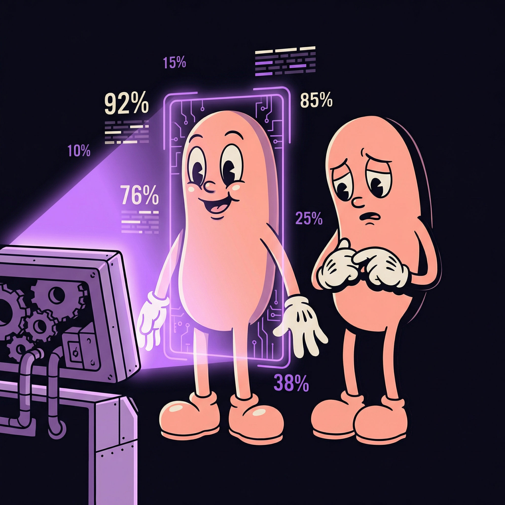A rubber hose animation illustration showing two characters at a scanning station. One character is recognized by a glowing violet beam with data floating around them, while the other stands unseen in shadow, looking at their own hands in confusion. Representing bias in AI systems that recognize some people while rendering others invisible.