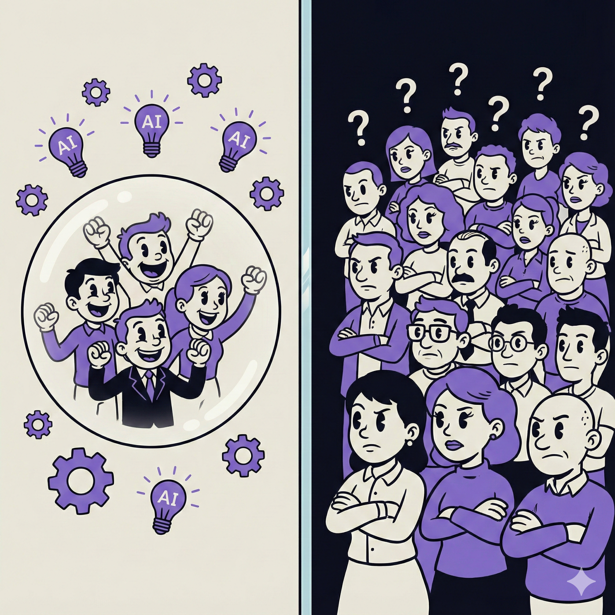 A small pilot team celebrating inside a bubble surrounded by AI lightbulbs, while a confused crowd of employees stands outside with question marks - illustrating the gap between AI pilot success and enterprise-wide adoption