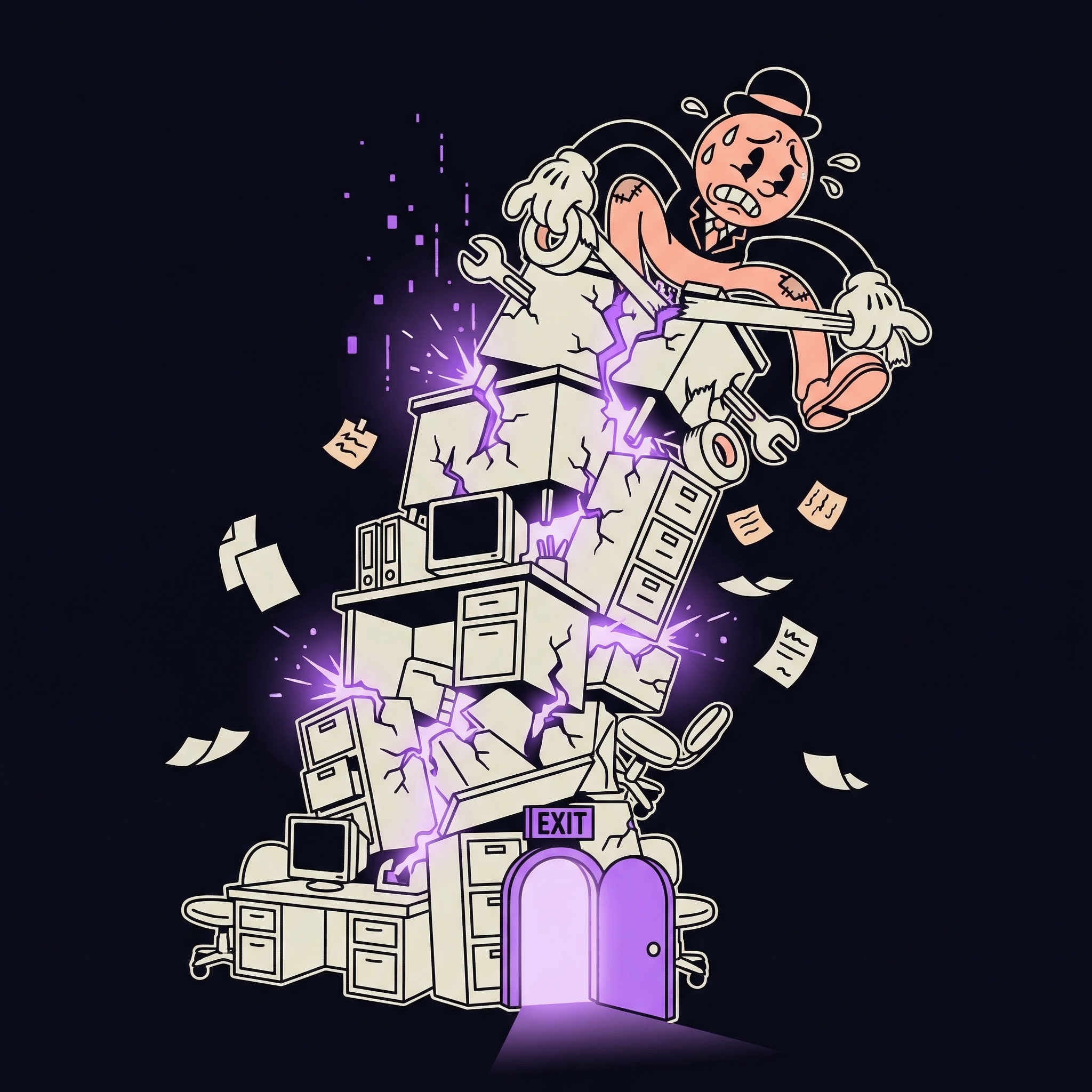 A rubber hose animation character in a suit frantically patching cracks in a leaning tower of office equipment while an open exit door glows violet below, unnoticed, illustrating the futility of fixing the wrong system.