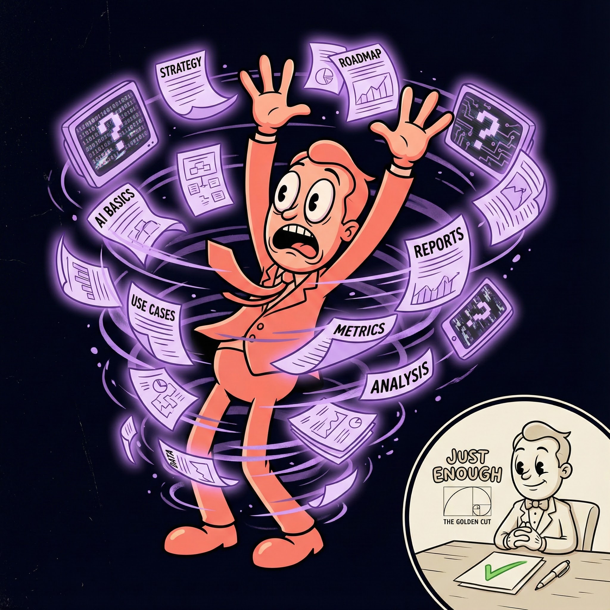 A stressed executive frozen in a tornado of papers and frameworks while a calm figure sits in the corner with just one document, representing the overwhelm trap versus the golden cut of just-enough AI knowledge